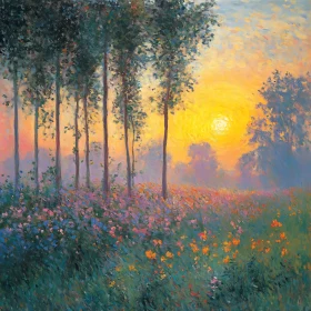 Impressionistic Sunset Flower Field Art