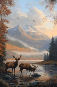 Tranquil Lake and Deer in Autumn