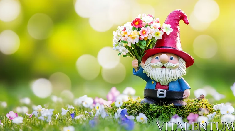 AI ART Garden Gnome Holding Flower Bouquet