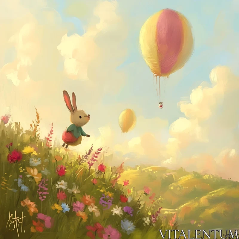 Floating Rabbit Above Flowers AI Image