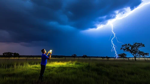 Man with Phone Under Lightning Storm