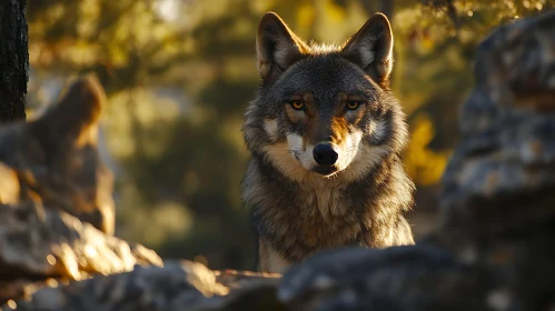 Wild Wolf Stares From Behind Rocks