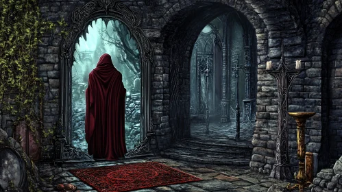 Red Cloak in Stone Archway