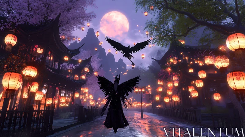 Winged Figure under Moonlit Lanterns AI Image