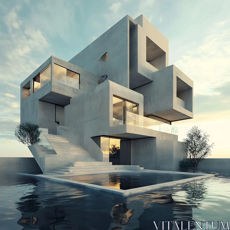 Geometric Concrete House by Water at Sunset AI Image