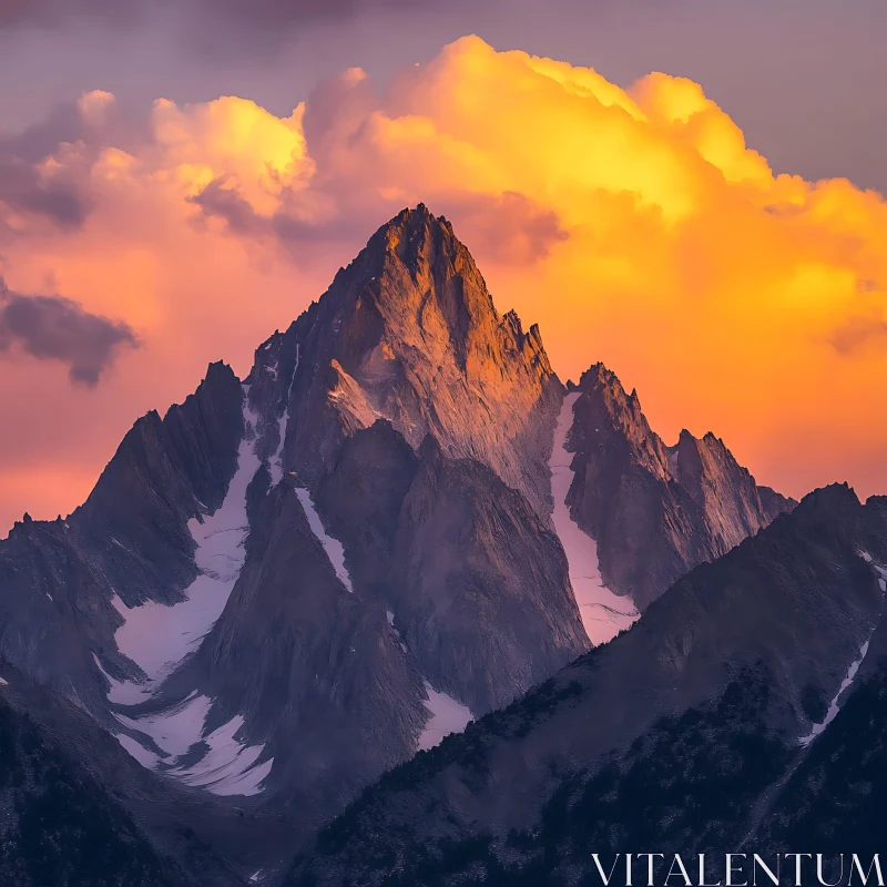 Snowy Mountain Peak at Sunset AI Image