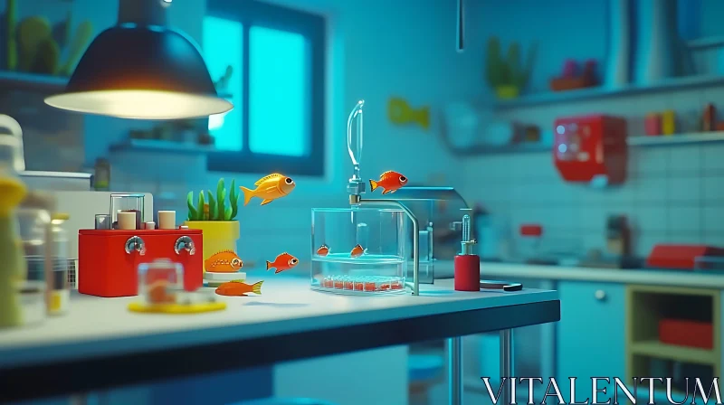 AI ART Whimsical Kitchen with Golden Fish Floating in Mid-Air