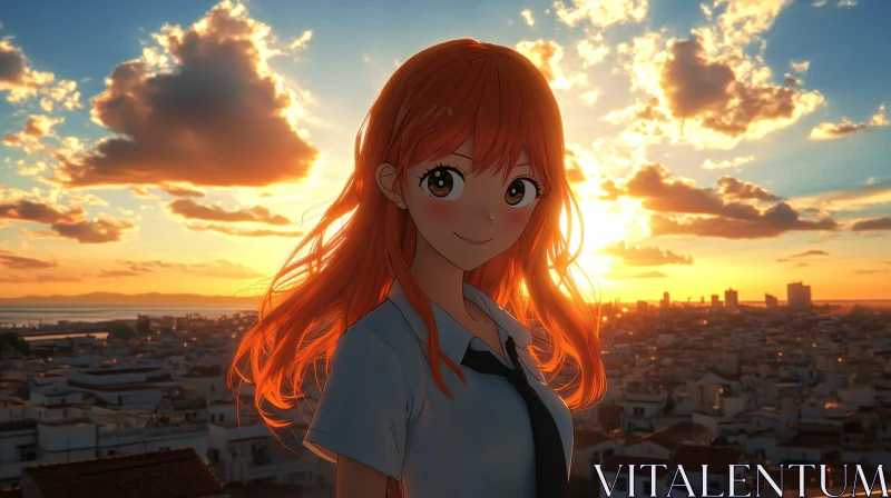 Sunset Stroll: Anime Girl in City AI Image