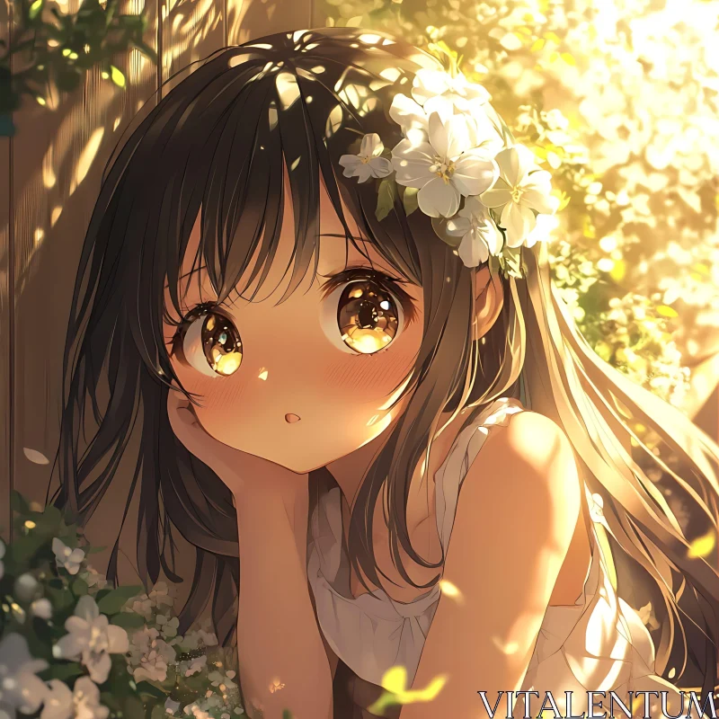 Anime Girl Surrounded by Flowers and Sunlight AI Image