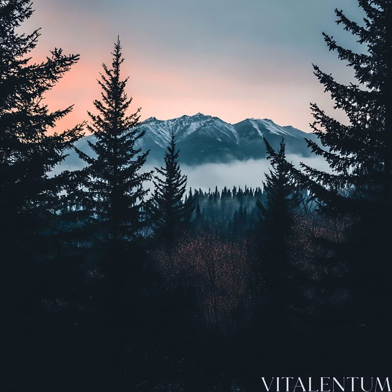 Misty Mountain Sunset with Forest Silhouettes AI Image