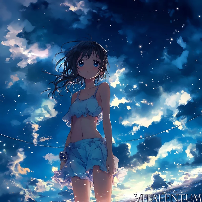 Anime Girl in Blue Under Starry Night AI Image