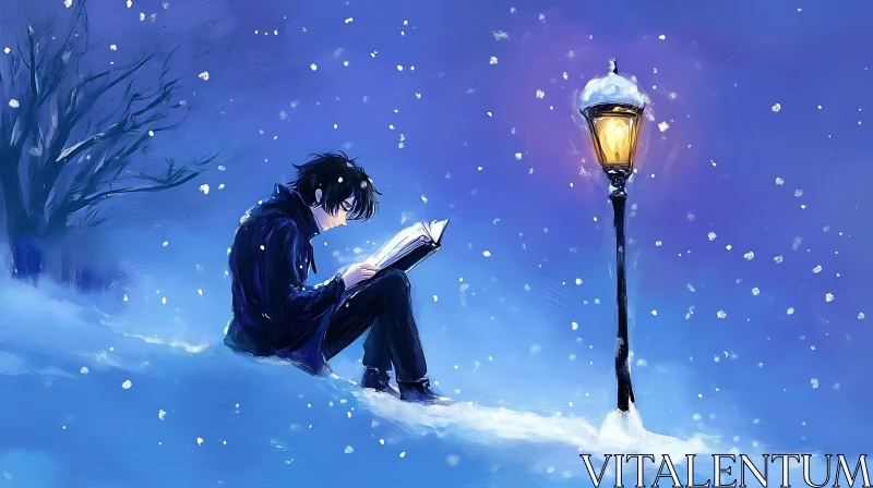 Snowy Night Reading Scene AI Image