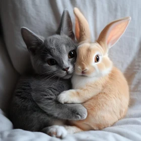 Grey Kitten and Peach Bunny Cuddle