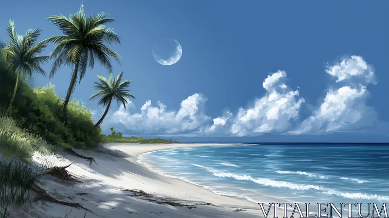 AI ART Tropical Beach with Crescent Moon