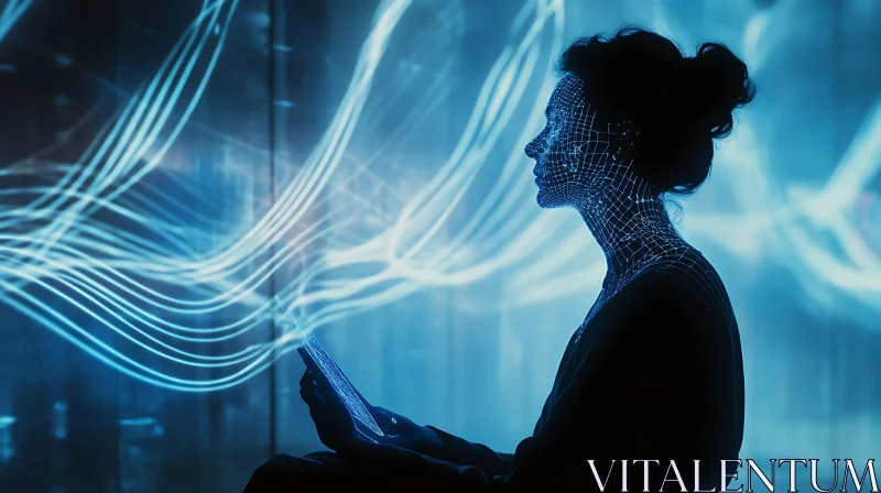 Futuristic Woman with Tablet and Glowing Lines AI Image