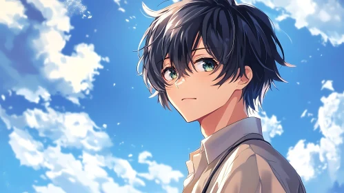 Young Anime Boy with Green Eyes and Blue Sky Background