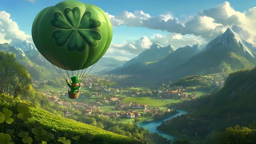 Whimsical Flight: Leprechaun in Clover Balloon