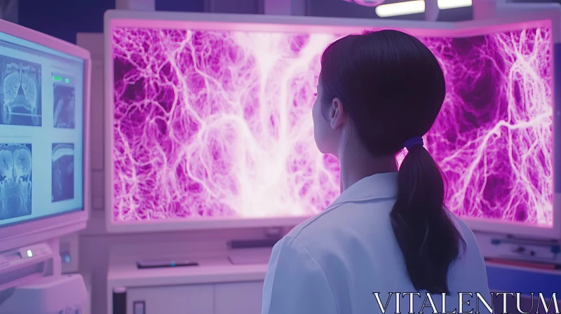 AI ART Woman in Lab Observing Abstract Screen