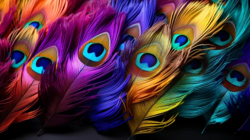 Colorful Peacock Feathers on Black Surface: A Still Life