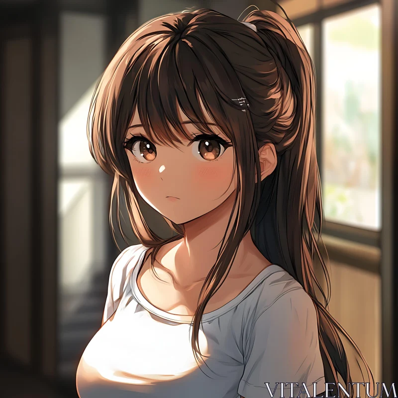 AI ART Sunlit Anime Girl in Thoughtful Pose