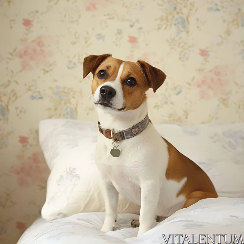 Charming Pet Dog on Bed with Floral Background AI Image