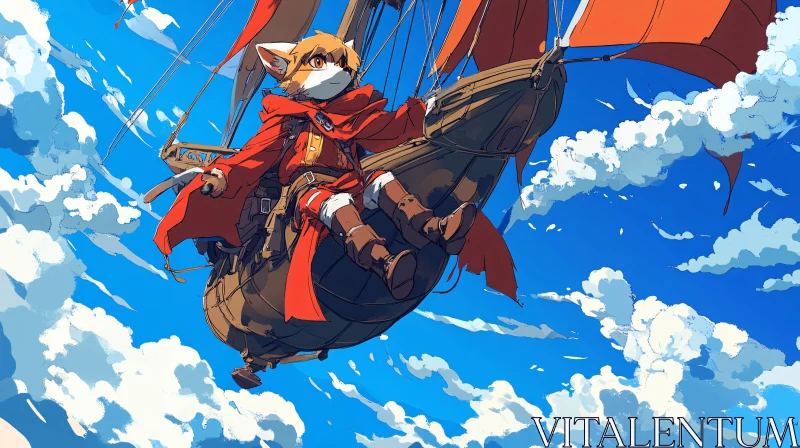 Fox Adventurer on Airship in Anime Fantasy Scene AI Image