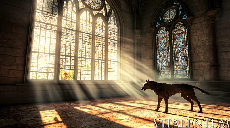 Wolf and Sunlight in Gothic Cathedral AI Image