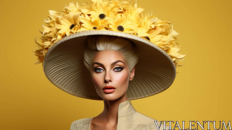 Fashion Portrait: Woman with Yellow Flower Hat - Aristocratic Vibes AI Image
