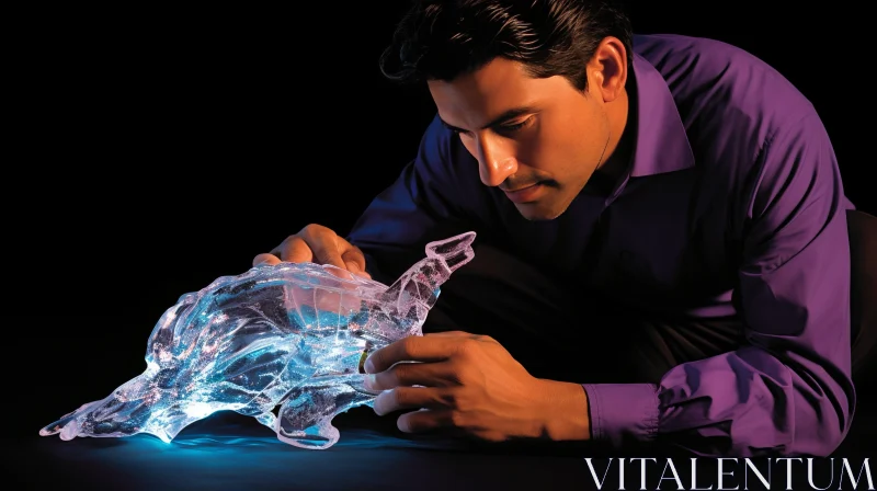 Man with Luminous Glass Turtle Sculpture: A Confluence of Art and Precision AI Image