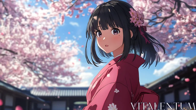 Springtime Anime Girl Amid Cherry Blossoms AI Image