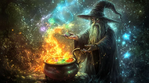 Mystical Wizard Casting Spell in Dark Forest