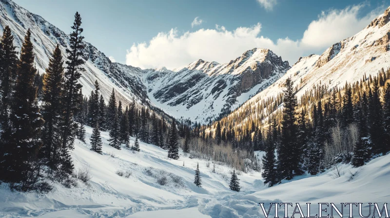 Winter Mountain Scenery with Evergreen Trees AI Image