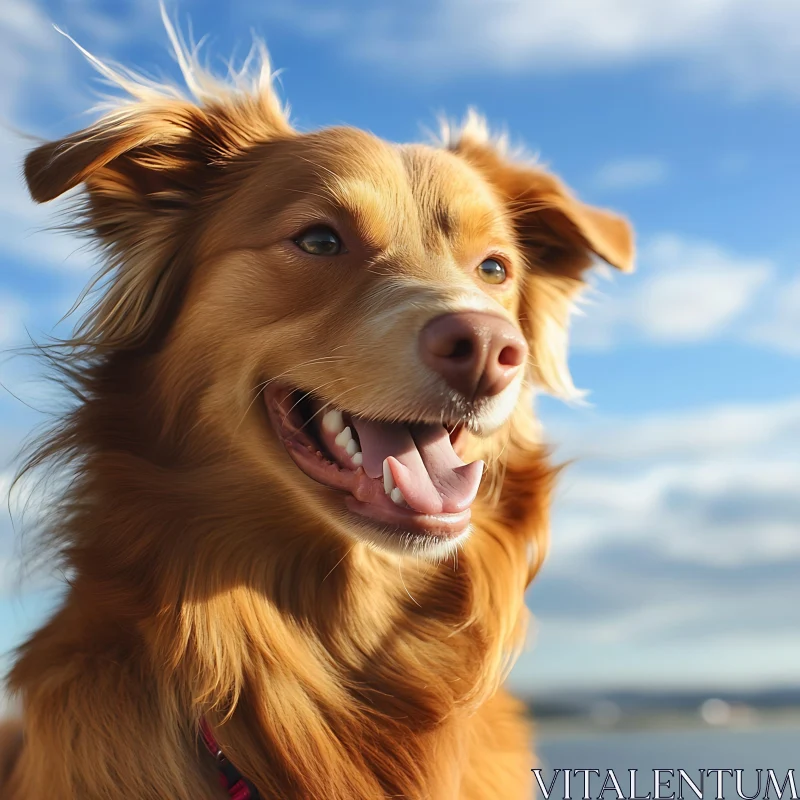 Joyful Dog with Blue Cloudy Sky in Background AI Image