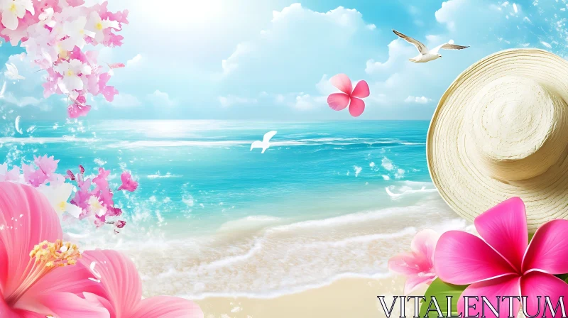 Floral Beach Scene with Hat AI Image