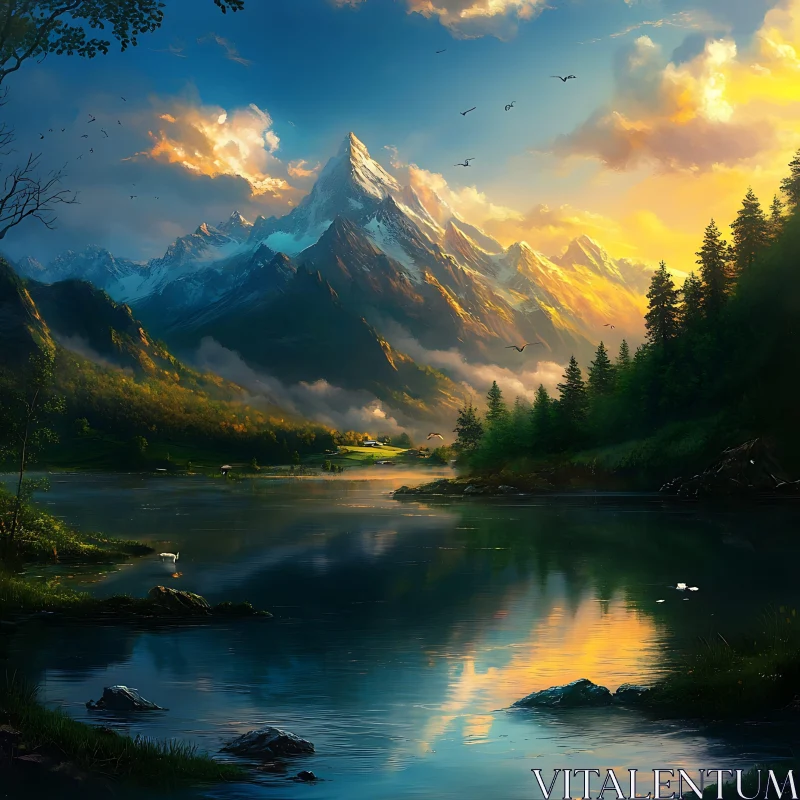 AI ART Scenic Mountain Lake at Sunset