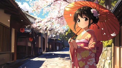 Japanese Anime Girl in Kimono with Parasol