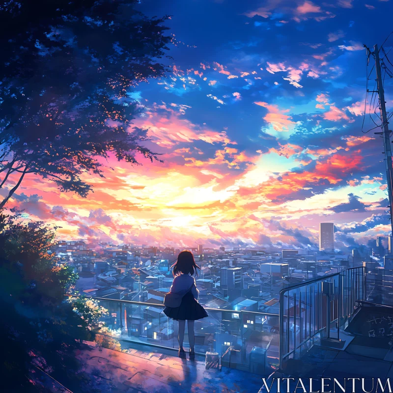 Girl Watching Sunset Over City in Anime Art AI Image