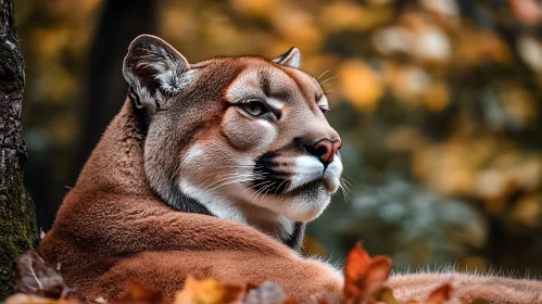 Resting Cougar in Golden Autumn Leaves