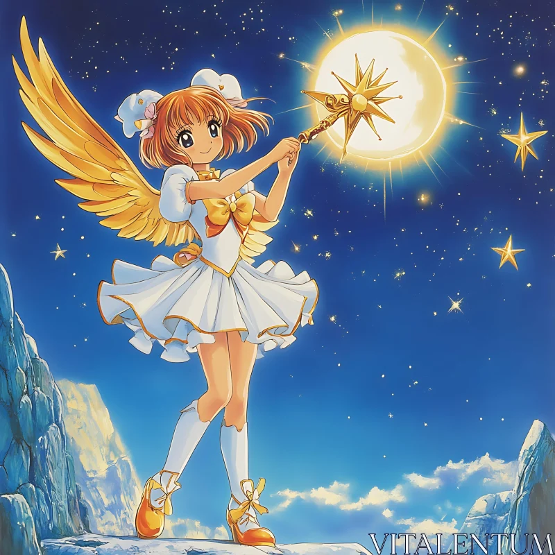 Celestial Anime Girl with Magic Staff AI Image