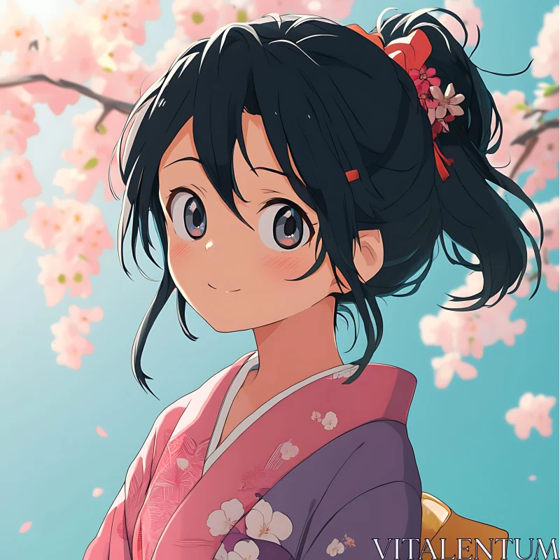 Anime Girl with Floral Kimono and Blossoms AI Image