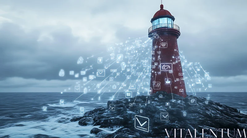 Digital Lighthouse Guiding Connections Across the Sea AI Image