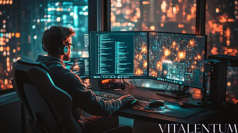Coder at Night with Multiple Monitors AI Image