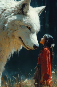 Girl and Wolf in a Meadow