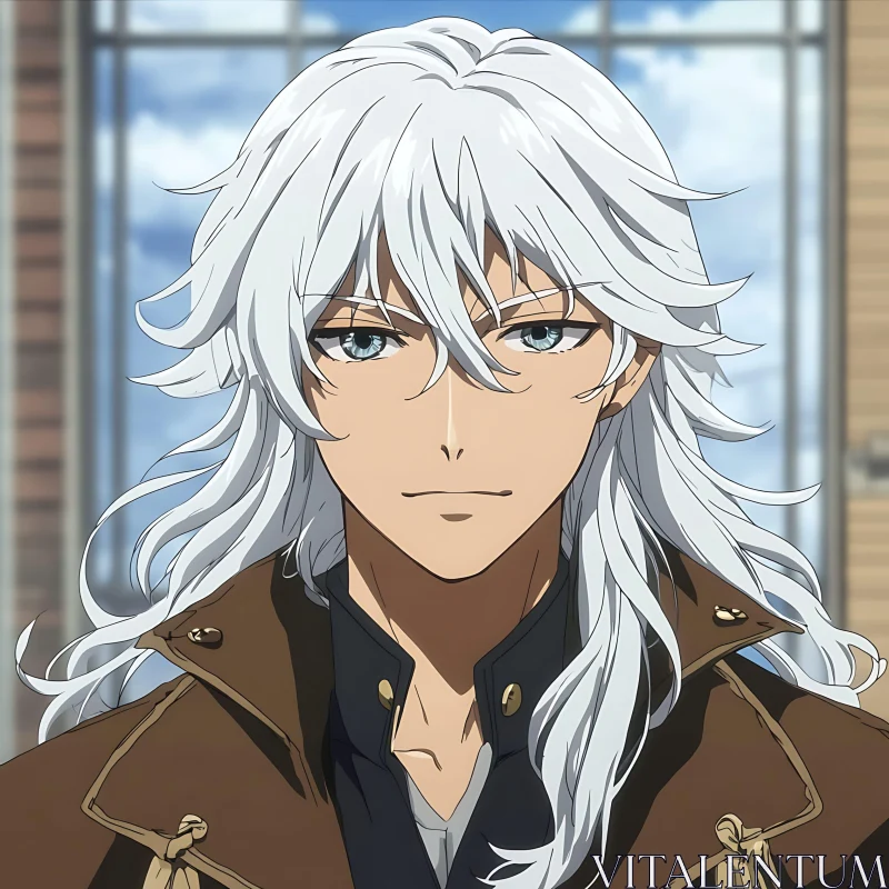 White-Haired Anime Character in a Brown Coat AI Image