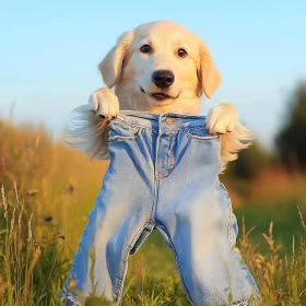 Golden Retriever with Jeans in Grassy Field