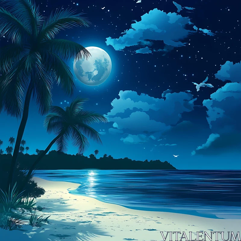 AI ART Nighttime Beach with Moonlit Waves