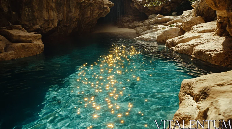 Magical Cave Reflections and Azure Waterfall AI Image