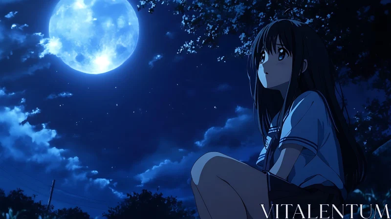 Contemplative Anime Girl in Moonlight AI Image