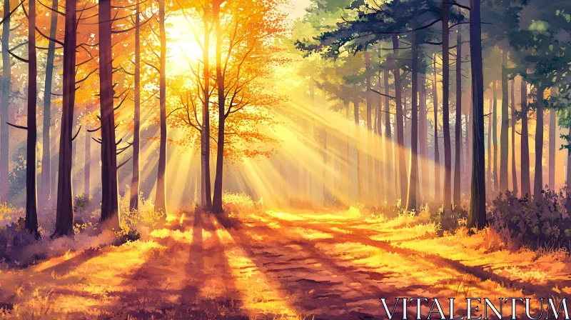 AI ART Autumn Forest with Sunlit Pathway