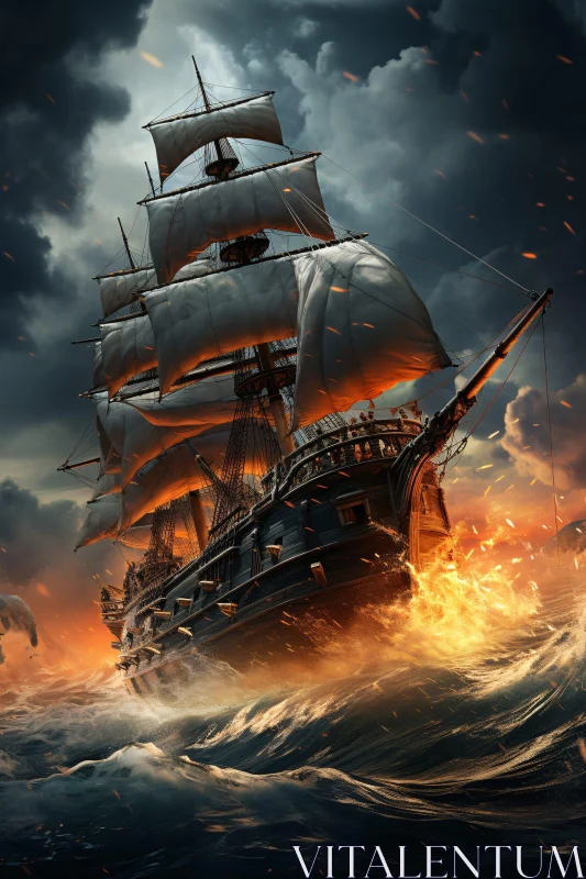 Flaming Ship Battling Through A Storm AI Image